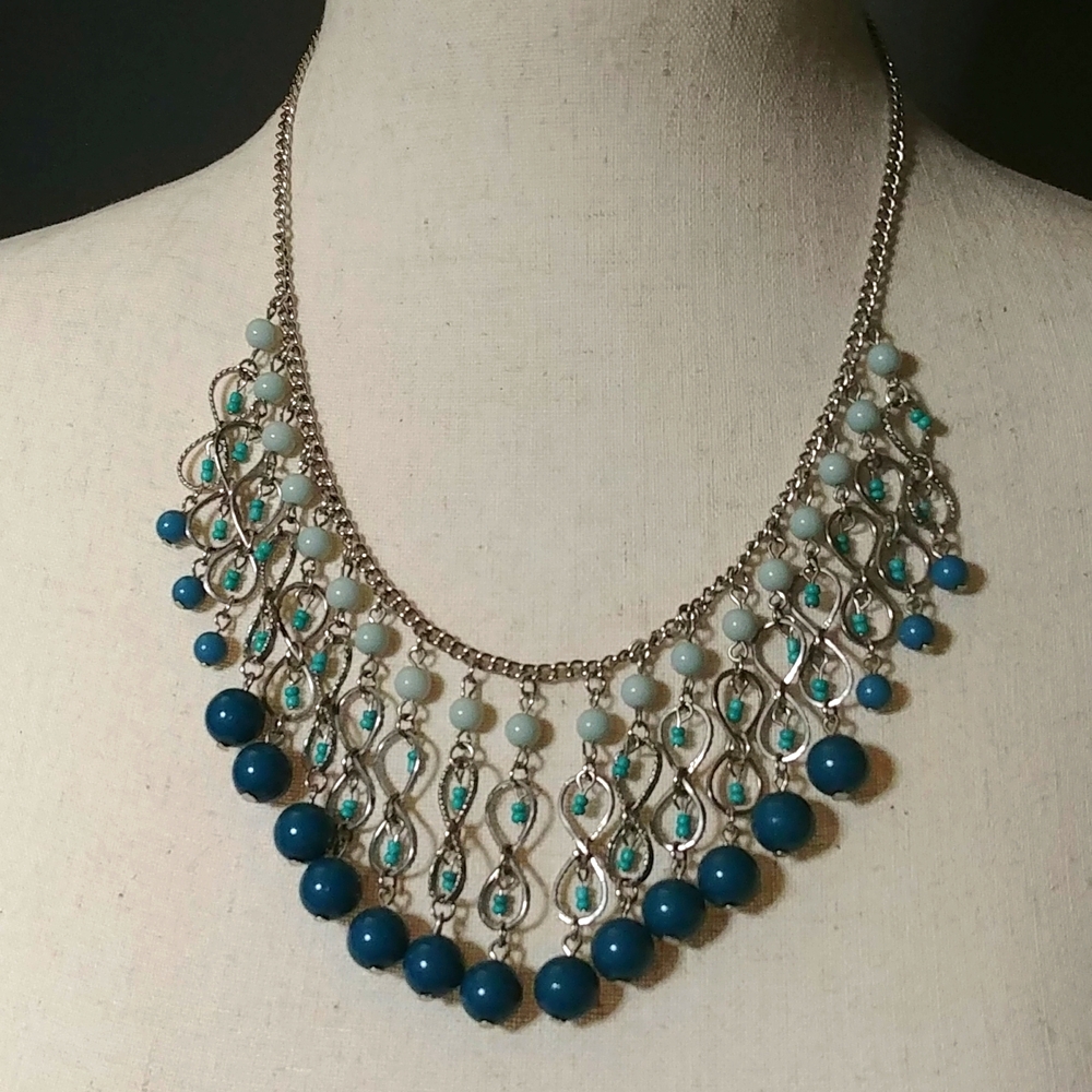 Nygard Blue/Green Beaded Faux Silver Dangle Necklace